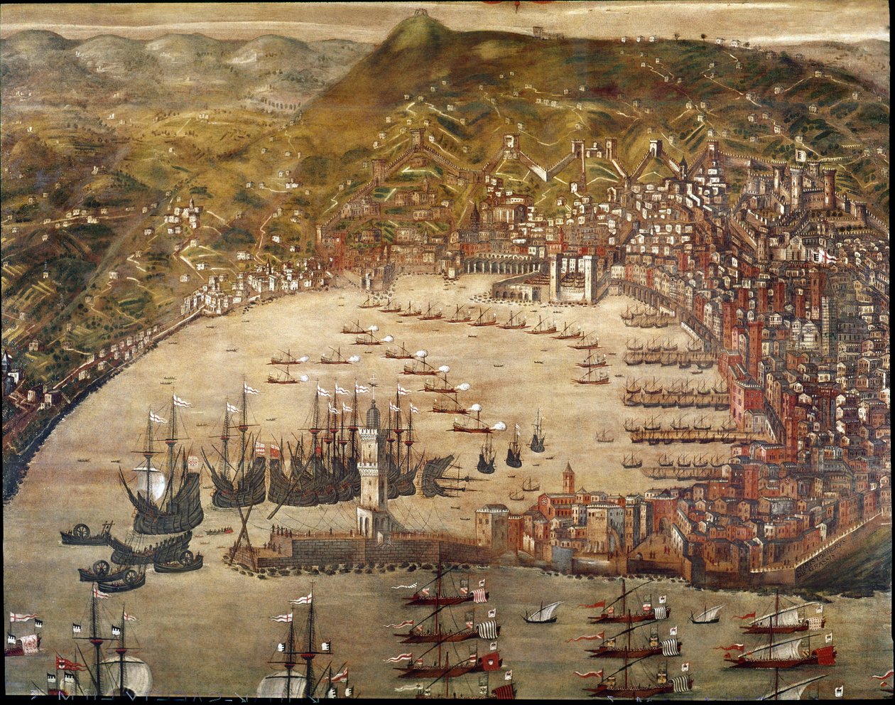 热那亚城市和港口的景色，有船只进入。 （布面油画 作者 Cristoforo Grassi或Grasso