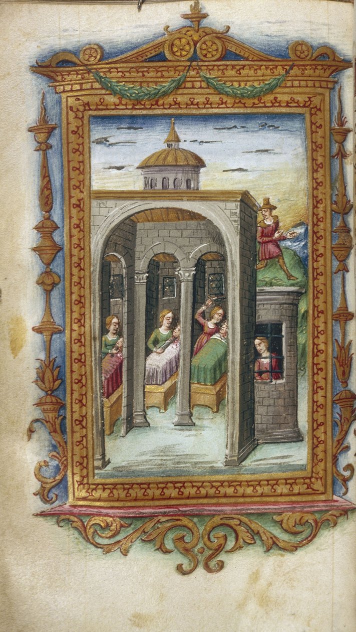 达瑙斯的女儿谋杀了他们的丈夫。监狱中的Hypermnestra插图由Ovid创作的Heroides，1485-1499年 作者 马里斯塔纳（Cristoforo Majorana）
