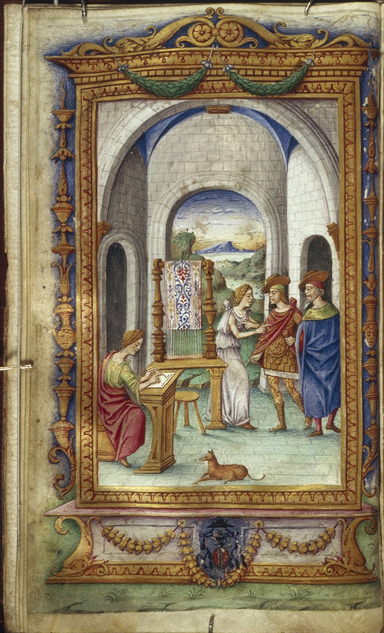 佩内洛普（Penelope），奥维德（Ovid），1485-1499年的《英雄录》中的Telemachus和Laertes插图 作者 马里斯塔纳（Cristoforo Majorana）