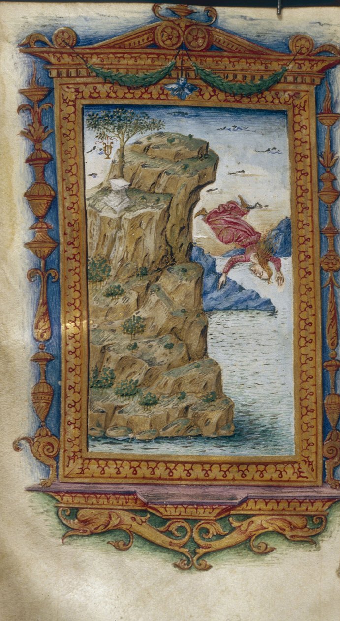 萨福（Sappho）将自己扔进海中奥维德（Ovid）的英雄故事插图（1485-1499） 作者 马里斯塔纳（Cristoforo Majorana）