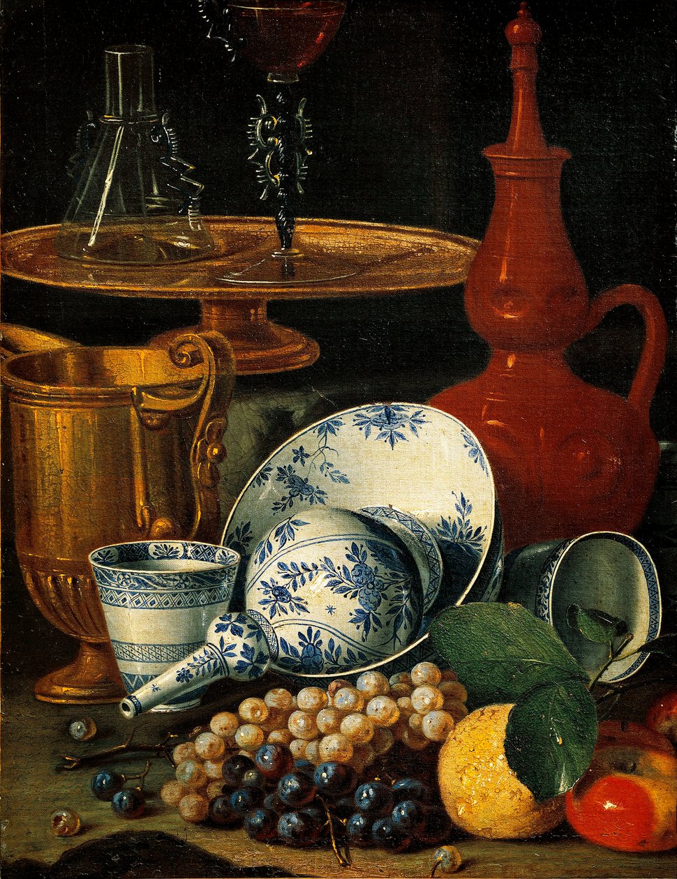 静物与菜肴和水果（布面油画 作者 克里斯托福罗·穆纳里（Cristoforo Munari）