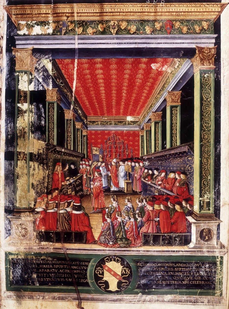卢多维克-玛丽-斯福尔扎（Ludovic Marie Sforza dit le More）（1452-1508）的就职典礼--来自红衣主教阿金博尔迪（Arcimboldi）弥撒的插图，由著名的微型画师克里斯托弗-德-普雷迪斯（Cristoforo de Predis）制作。Biblioteca Capitolare，米兰。 作者 克里斯托福罗·德·普雷迪斯