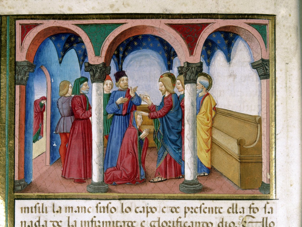 在新约历史之后，耶稣在 Cristoforo De Predis（1440-1486 年）的微型犹太教堂中矫正了一个肢体扭曲的女人（fol. 78） 作者 克里斯托福罗·德·普雷迪斯