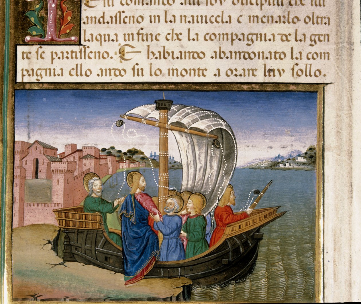 耶稣告诉使徒们乘船去卡法尼姆，而他在新约历史之后去 Cristoforo De Predis (1440-1486) 的微型山上祈祷 作者 克里斯托福罗·德·普雷迪斯