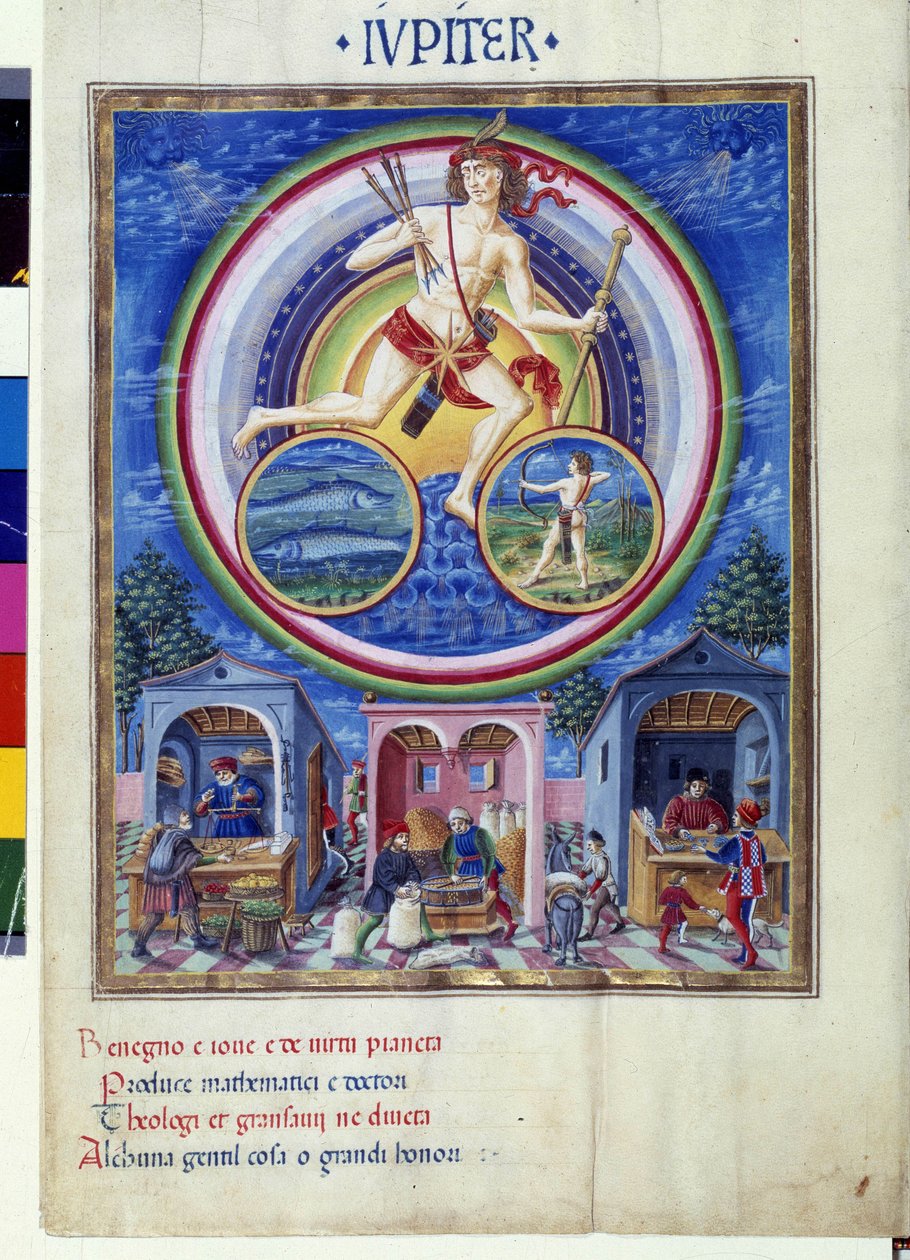 木星与鱼和人马的十二星座。楼下，商人们在销售各种物品。Cristoforo de Predis（1440-1486年）制作的微型画--载于《De Sphaera》d