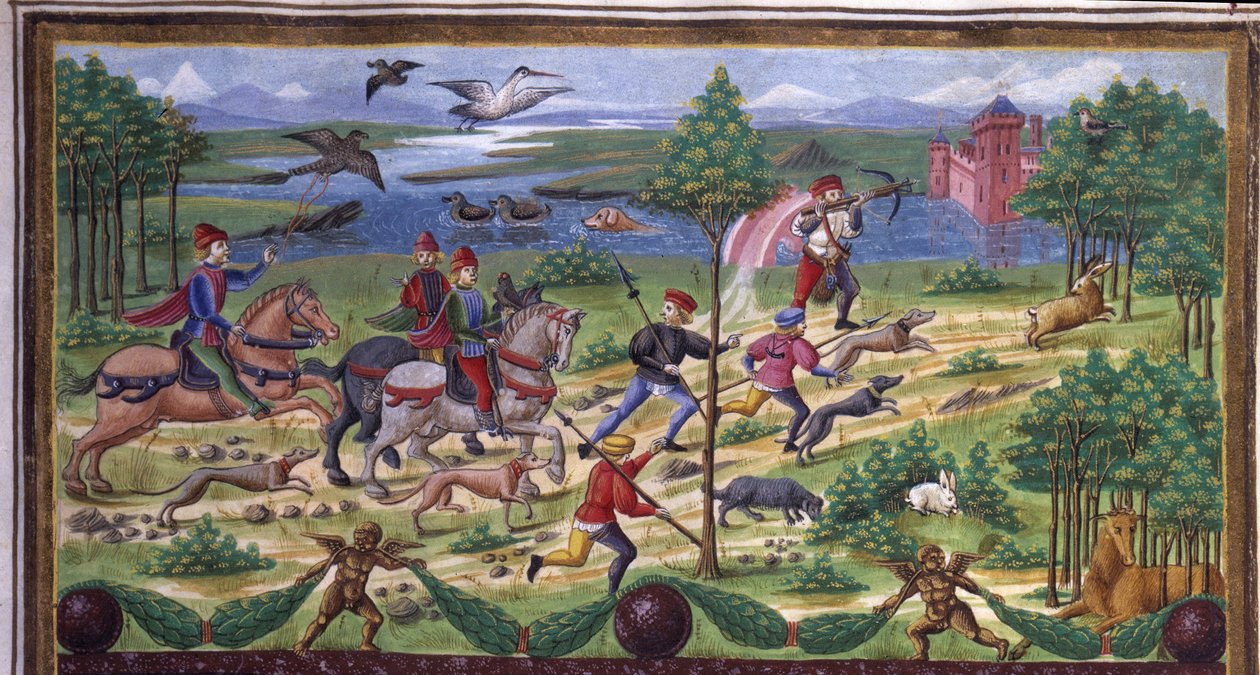La Chasse在 "Influence de mars "中的细节：打猎和宫廷。Cristoforo de Predis（1440-1486年）制作的微型画--载于《De Sphaera》d