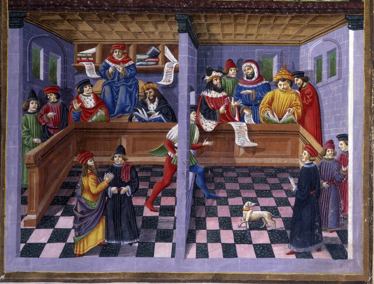 三月的影响》中的法庭（Il Tribunale）：打猎和法庭。Cristoforo de Predis（约1440-V. 1486）制作的微型画-在 "De Sphaera "d