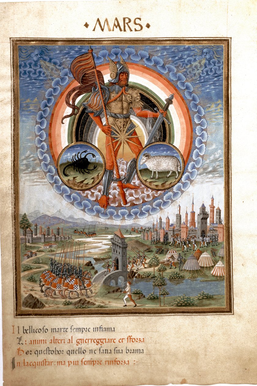 火星与十二星座中的天蝎和贝利尔。战斗场面。(微型画，约1470年) 作者 克里斯托福罗·德·普雷迪斯
