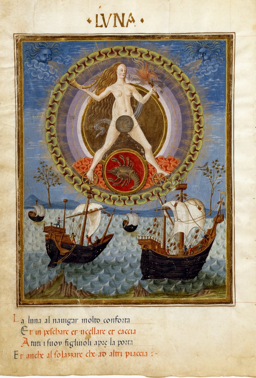月亮与癌症的星座。 升势期间的船只（微型，约 1470 年） 作者 克里斯托福罗·德·普雷迪斯