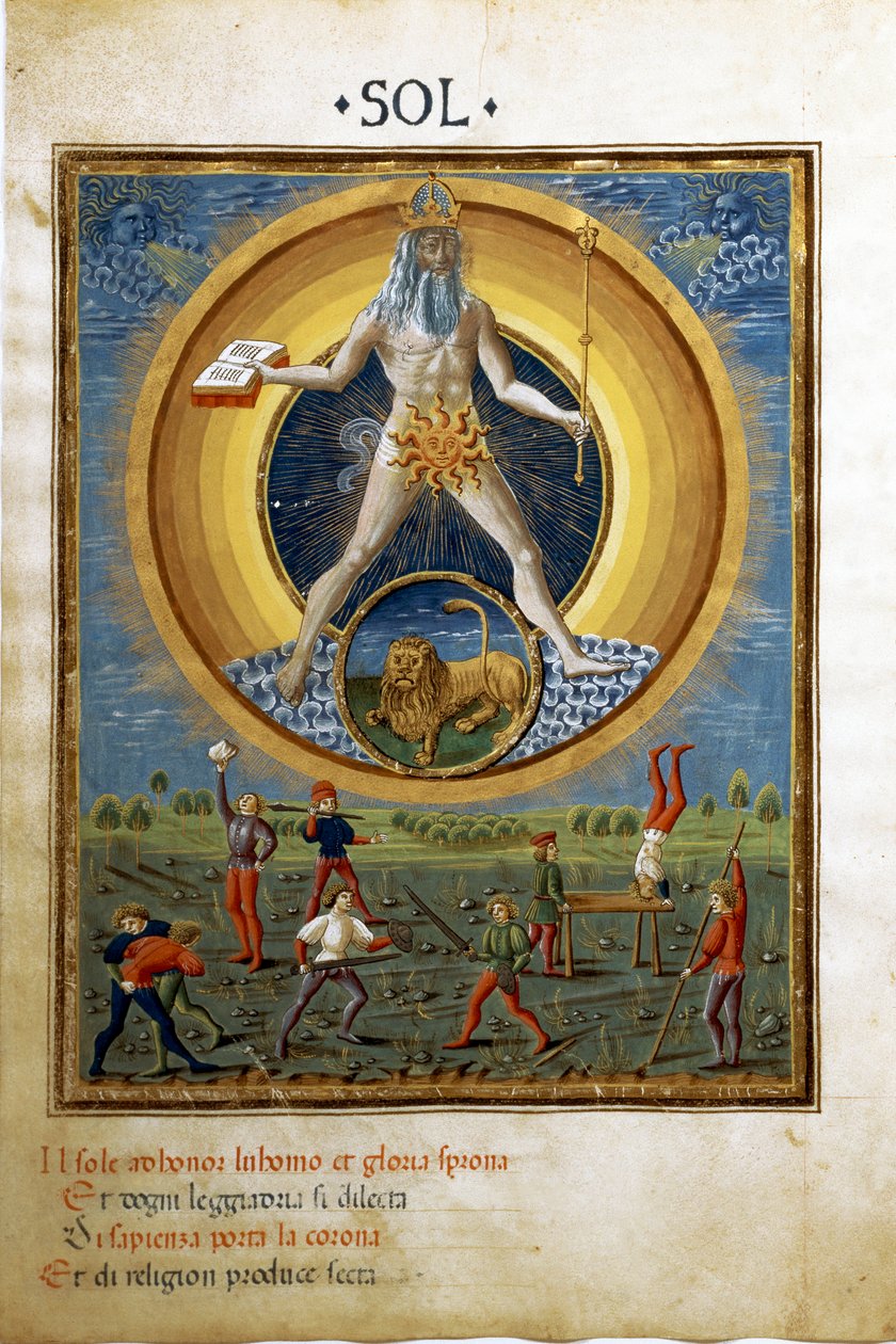 太阳与狮子的十二星座。男人的体育锻炼场景。(微型画，约1470年) 作者 克里斯托福罗·德·普雷迪斯