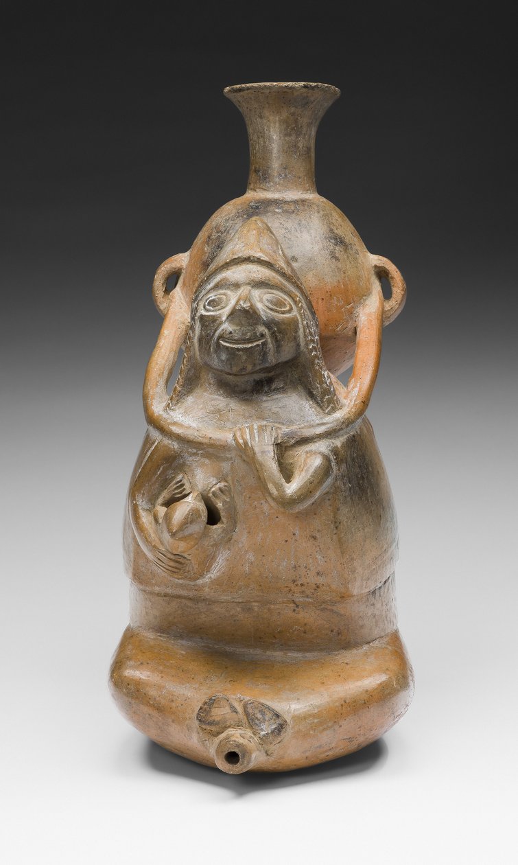 礼仪船，代表一名妇女，背着船（Aryballos）并抚养一个孩子，公元1200-1450年（陶瓷和颜料） 作者 千木文化