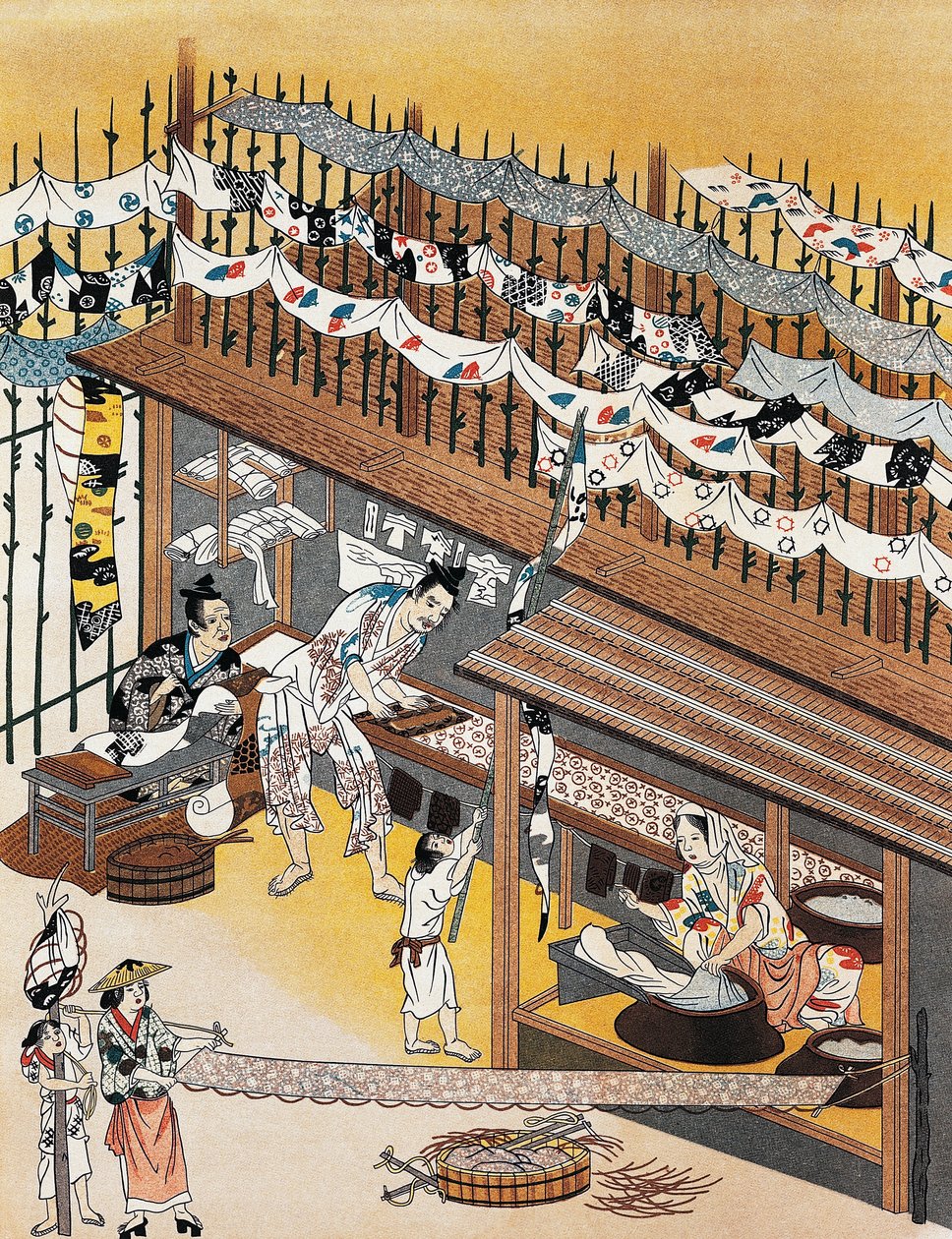 工作中的工匠，绘制丝网，江户时代（1600-1868）。 作者 文化江户