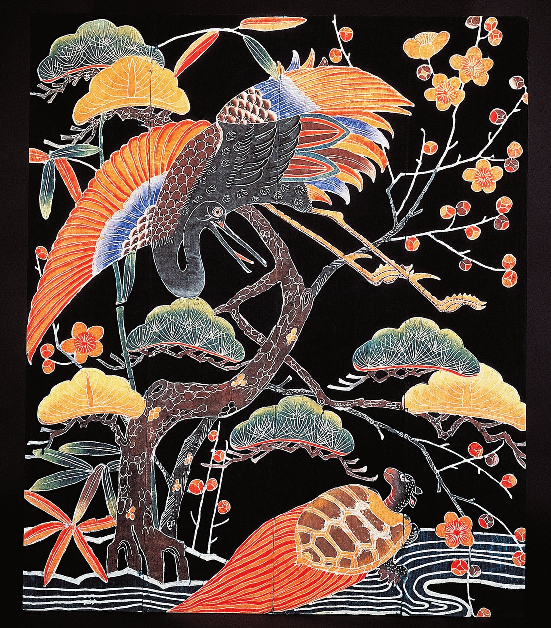 鹤和长尾龟（鹤龟）的细节，和服织物上的吉祥图案，日本文明，江户时代 作者 文化江户