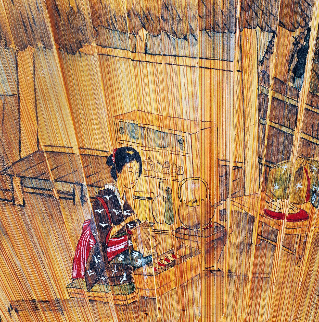 双面扇，带漆木板条和描绘烹茶的护罩 作者 文化江户