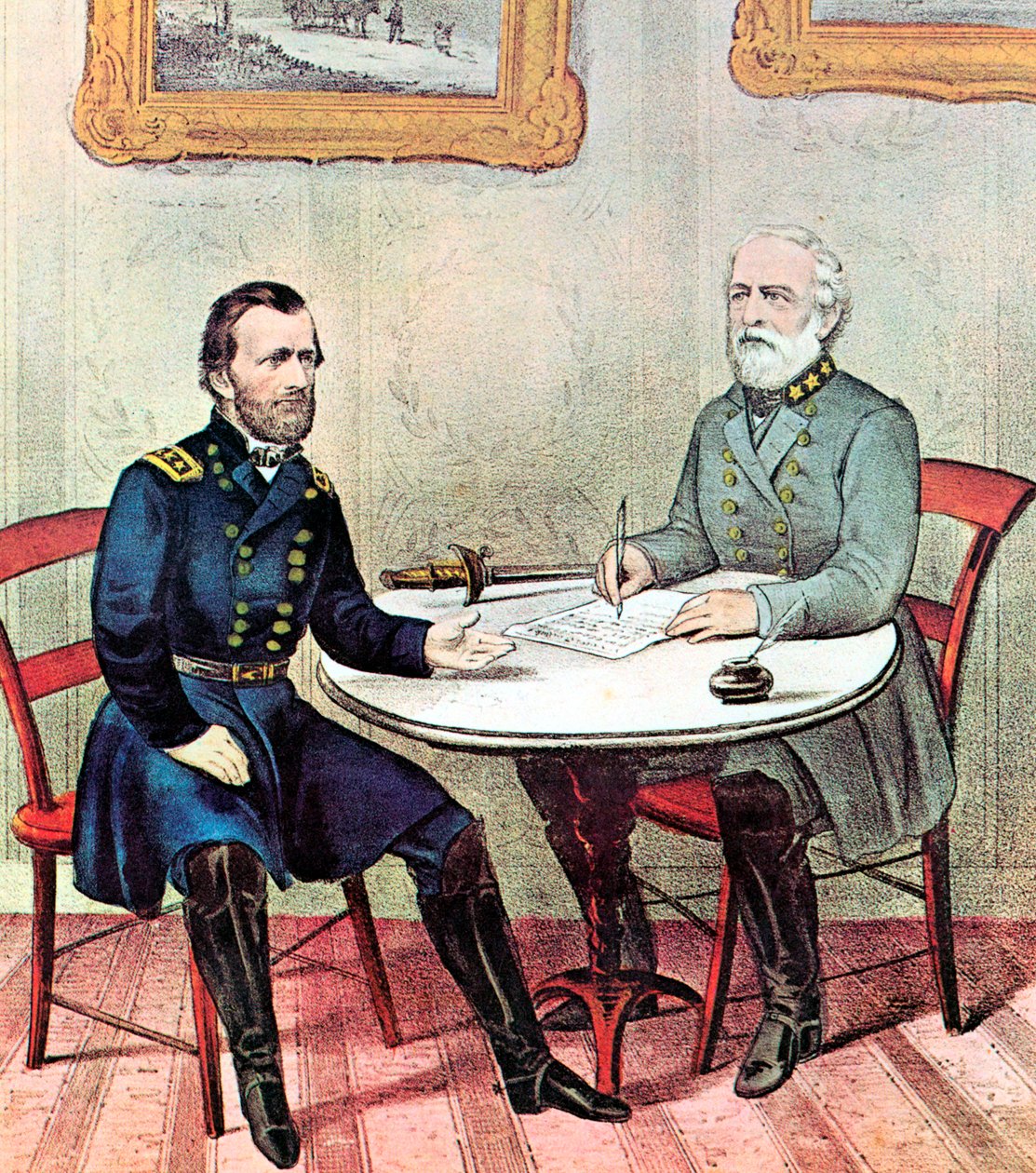格兰特左将和李将军会议，美国内战，1865年 作者 库里尔和艾夫斯