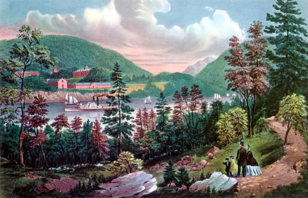 美国军事学院西点分校，对岸，1862年。 作者 库里尔和艾夫斯