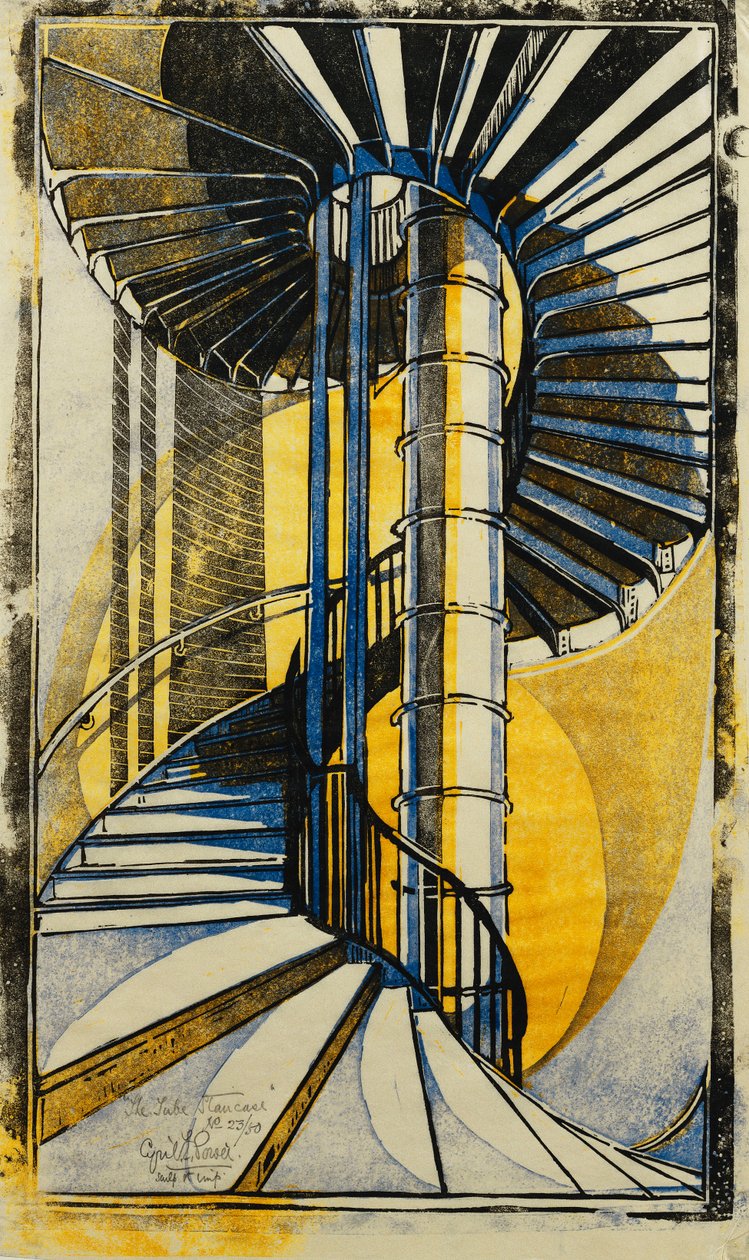 管状楼梯》，约 1930 年（日本纸巾上的彩色线刻版画） 作者 西里尔·爱德华·鲍尔