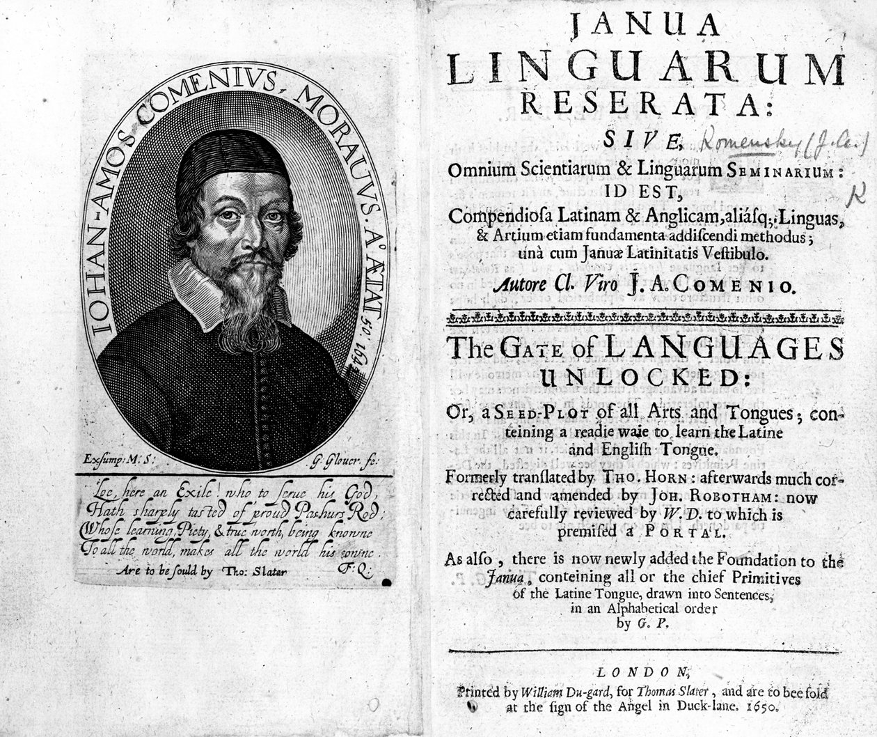 Janua Linguarum Reserata的主题和标题页，Jan Amos Komensky的肖像，由George Glover雕刻，1650年 作者 捷克学派