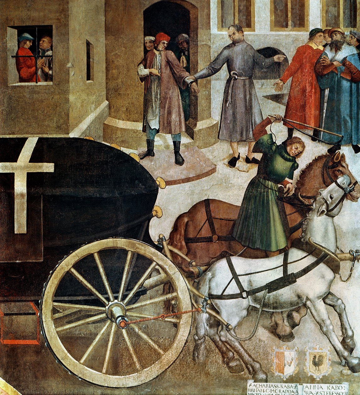 灵车，详细信息来自教堂的圣瓦茨拉夫人生，1520年（壁画） 作者 捷克学派