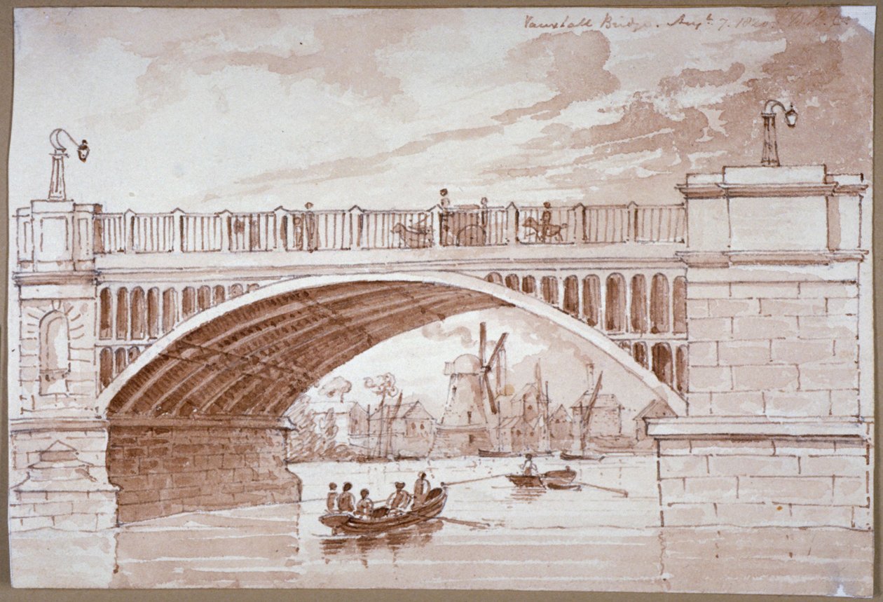 一艘小船从沃克斯豪尔桥下经过的景象，伦敦，1820年。                         作者 DHC
