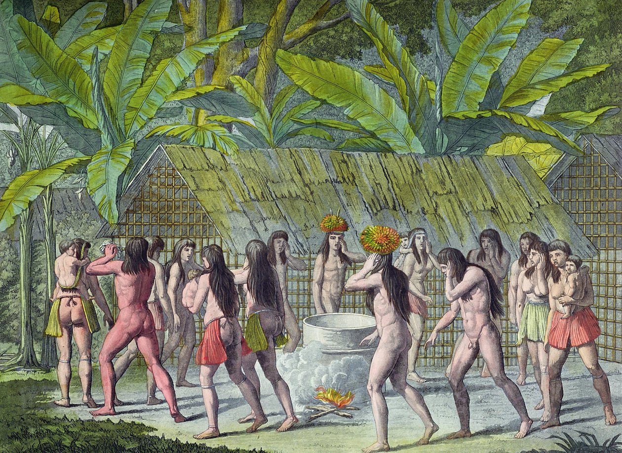 巴西Camacani印第安人的舞蹈，来自Jules Ferrario的&39;Le Costume Ancien et Moderne&39;，1819年出版（彩色版画）（另见109034） 作者 DK博纳蒂
