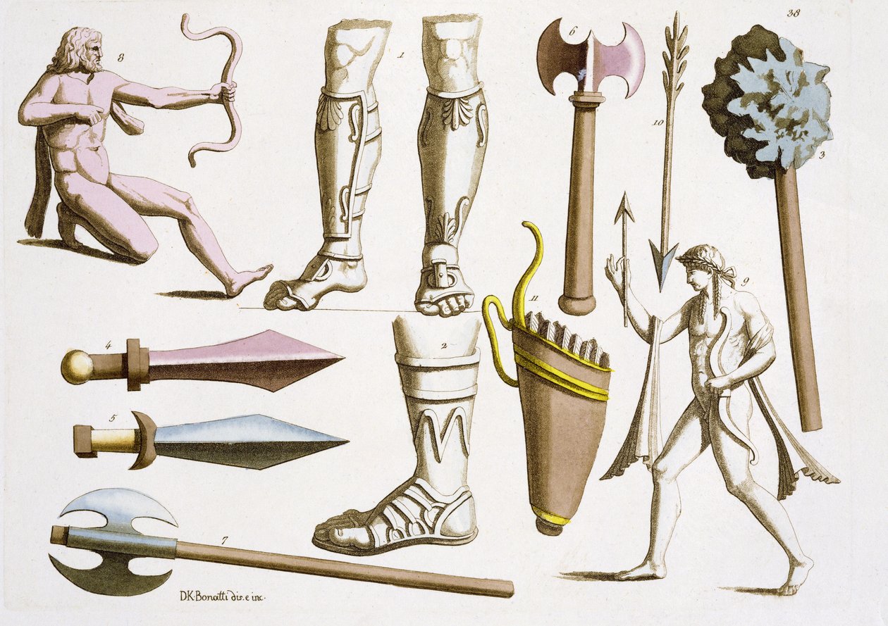 来自Jules Ferrario的&39;Le Costume Ancien et Moderne&39;的38号希腊士兵，武器和盔甲，于1820年代至30年代出版 作者 DK博纳蒂