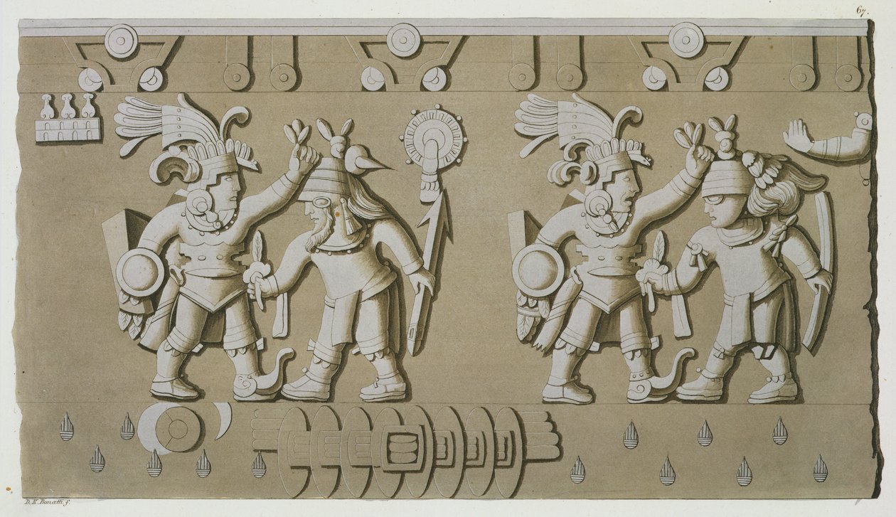 古代阿兹台克战士的浮雕，来自Tizoc的石头，纪念一个由头部控制他的俘虏的统治者 作者 DK博纳蒂