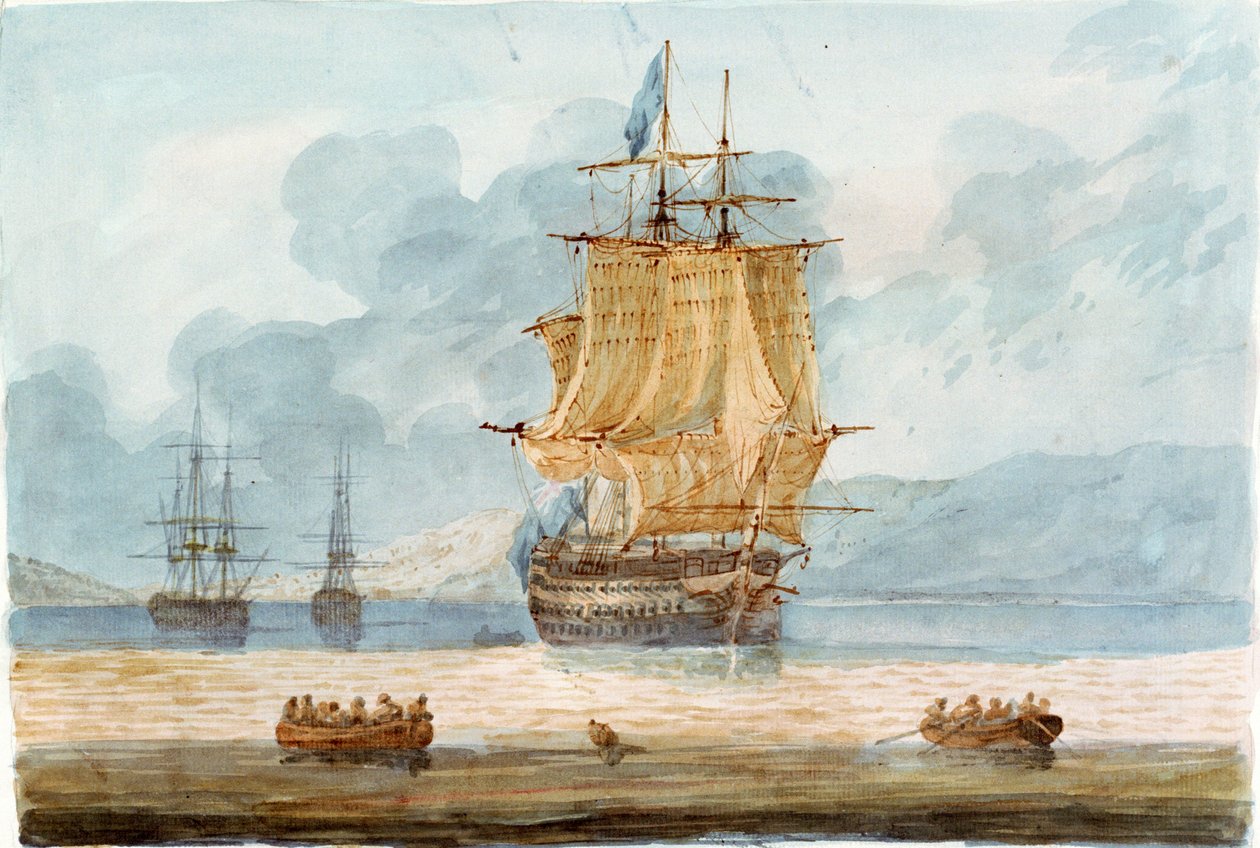 锚地中的英国战舰和其他船只，前景为船只，约 1798-1805 年（水彩画） 作者 D·坦迪