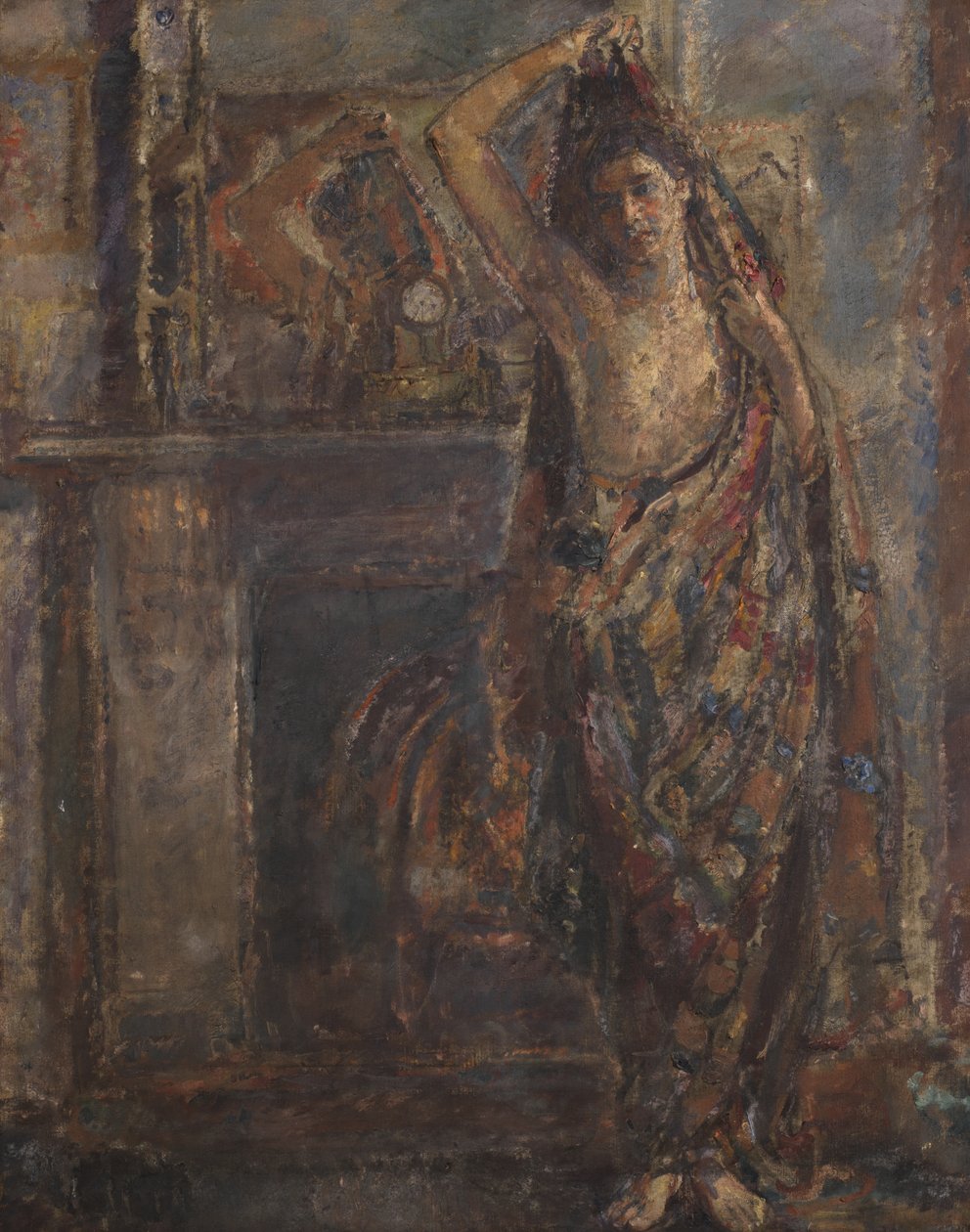 站在壁炉旁的垂帘女子（背面），1938 年（布面油画） 作者 埃塞尔·沃克夫人