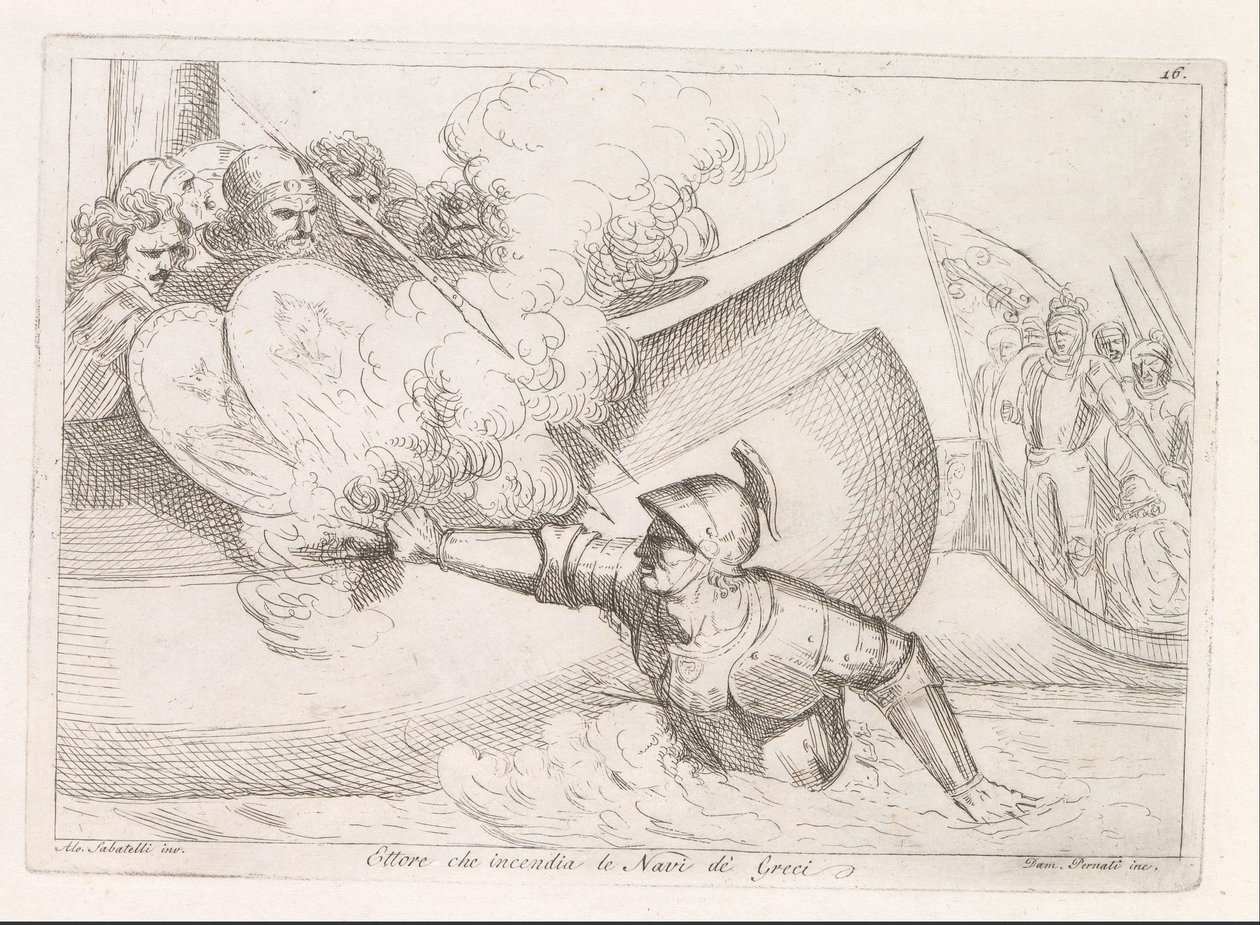 赫克托纵火焚烧希腊船只
Ettore che incendia le Navi de Greci（标题见实物） 作者 达米安·佩尔纳蒂