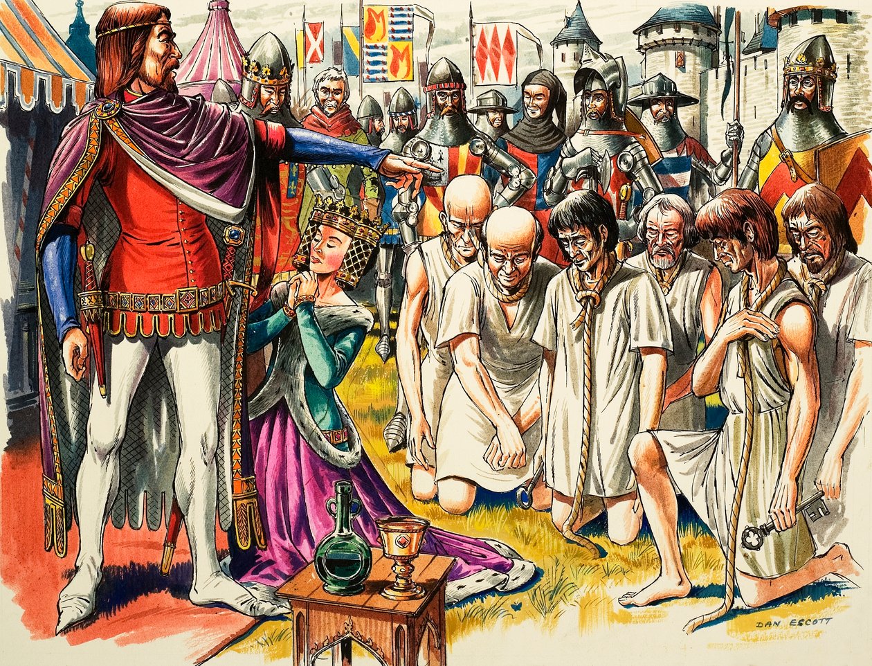 1347 年加莱的布尔乔亚和英格兰国王爱德华三世（水粉画，纸本） 作者 丹·埃斯科特