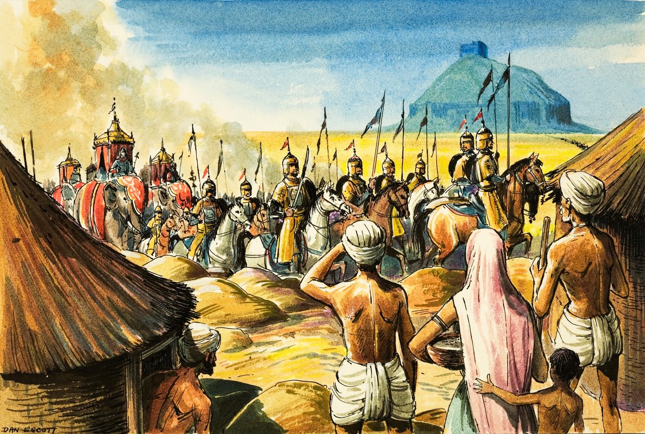 印度当地人观看大象和士兵队伍接近堡垒（纸面水粉画） 作者 丹·埃斯科特