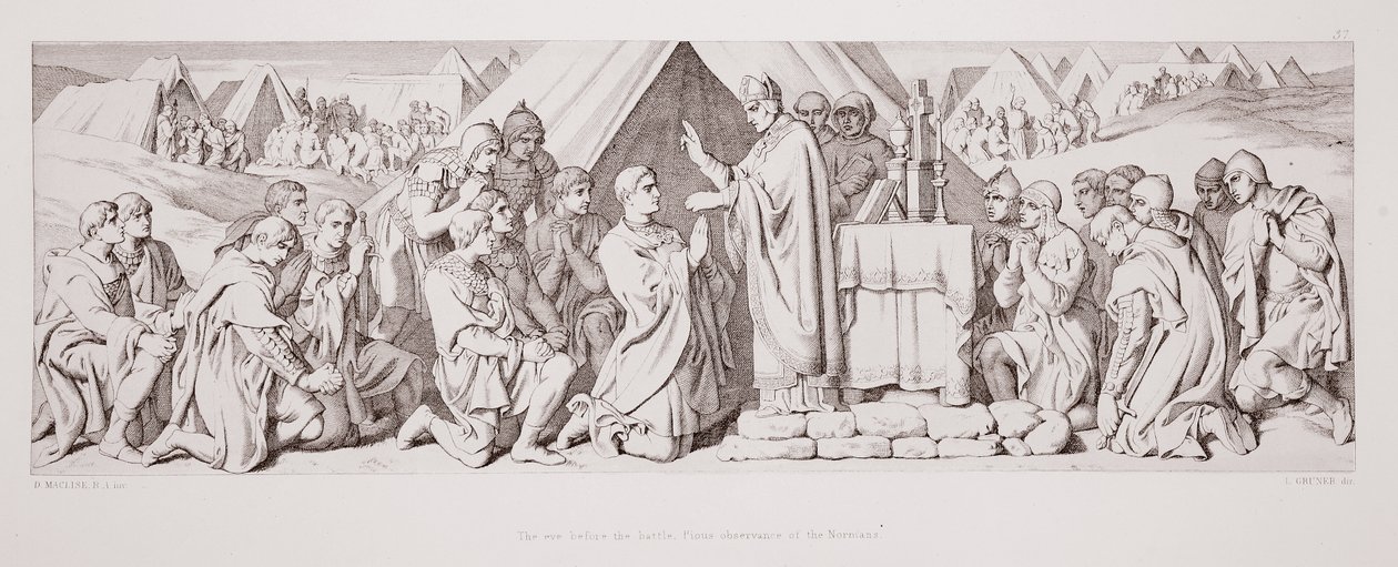 战斗前夕，虔诚地遵守诺曼人，来自“诺曼征服的故事”，由L. Gruner刻，1866年 作者 丹尼尔·麦克利斯