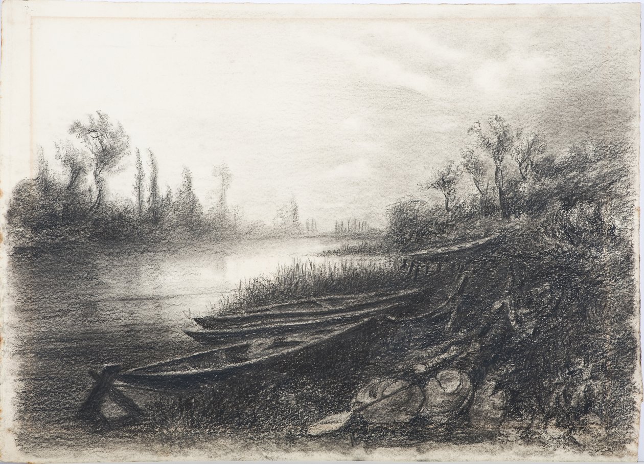 河景与小船，c.1916（木炭在纸上） 作者 丹尼尔·奥利佛（Daniel Oliver）
