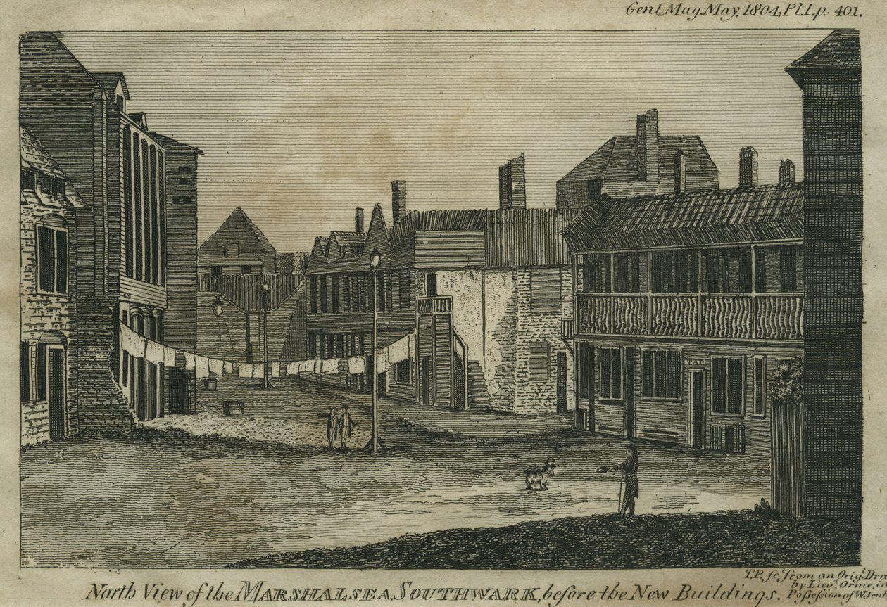 Southwark的Marshalsea的北视图，在新建筑之前，由TP，c.1804雕刻 作者 丹尼尔·奥姆