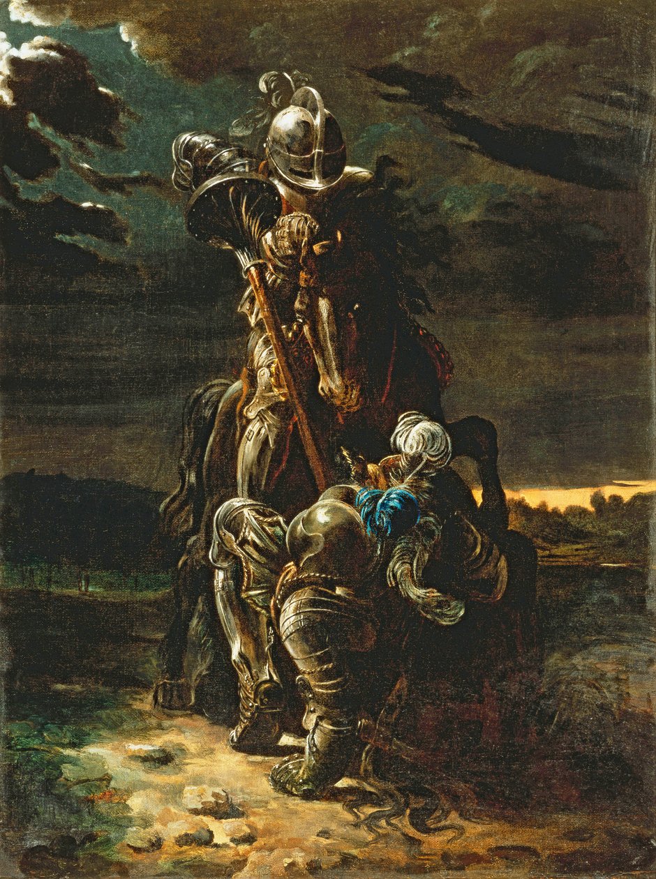 在他们奔跑的第一个职业中，精灵骑士摔倒了马和人”（布面油画） 作者 丹尼尔·麦克利斯