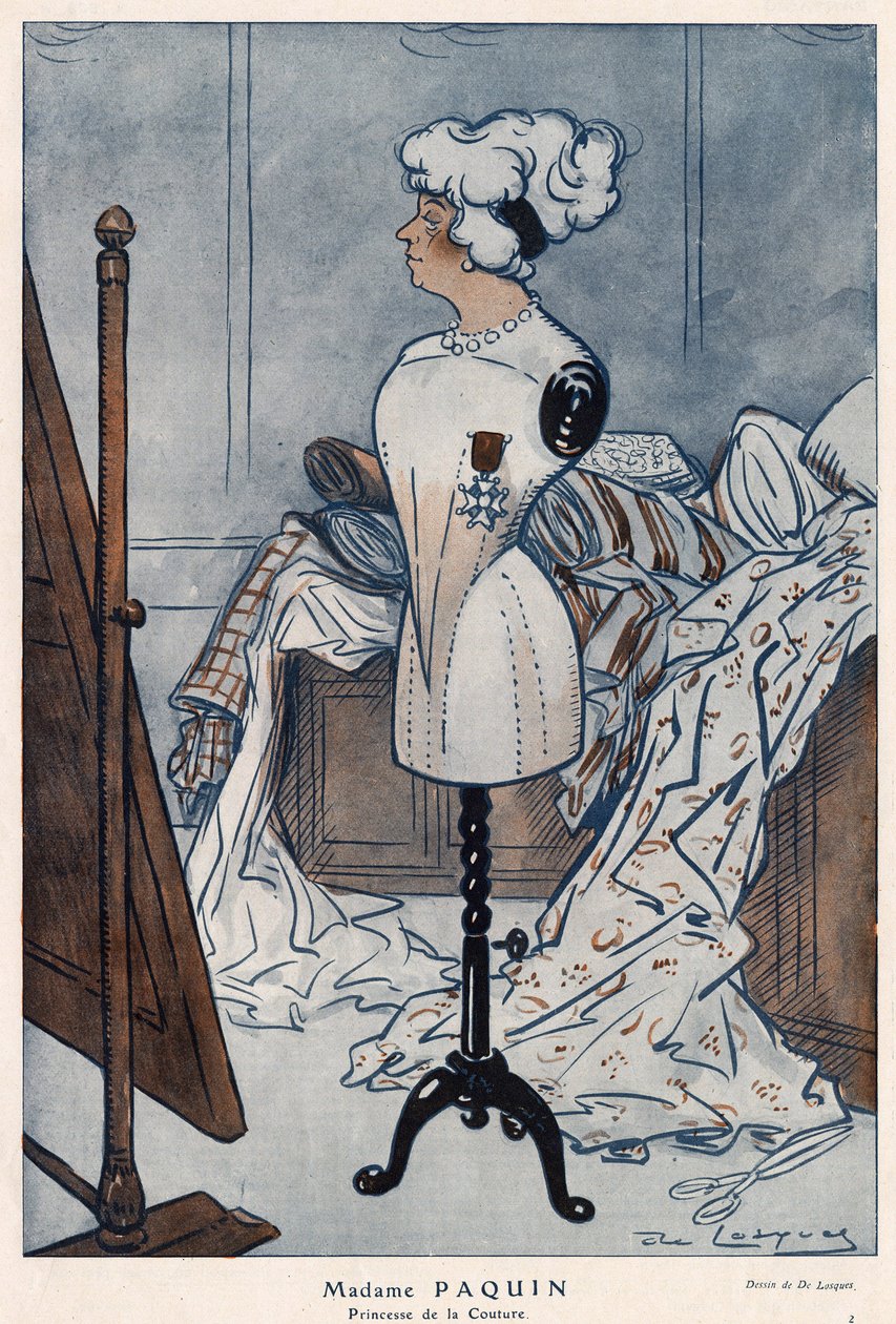 让娜-帕奎因夫人（1869-1936），法国服装设计师，与她刚刚获得的荣誉军团的十字架在一起--丹尼尔-德-洛斯克斯（Henri Casimir Paul Thouroude dit）（1880-1915）在1913年的 "Fantasio "中的插图 作者 丹尼尔·德·洛克斯（Daniel de Losques）