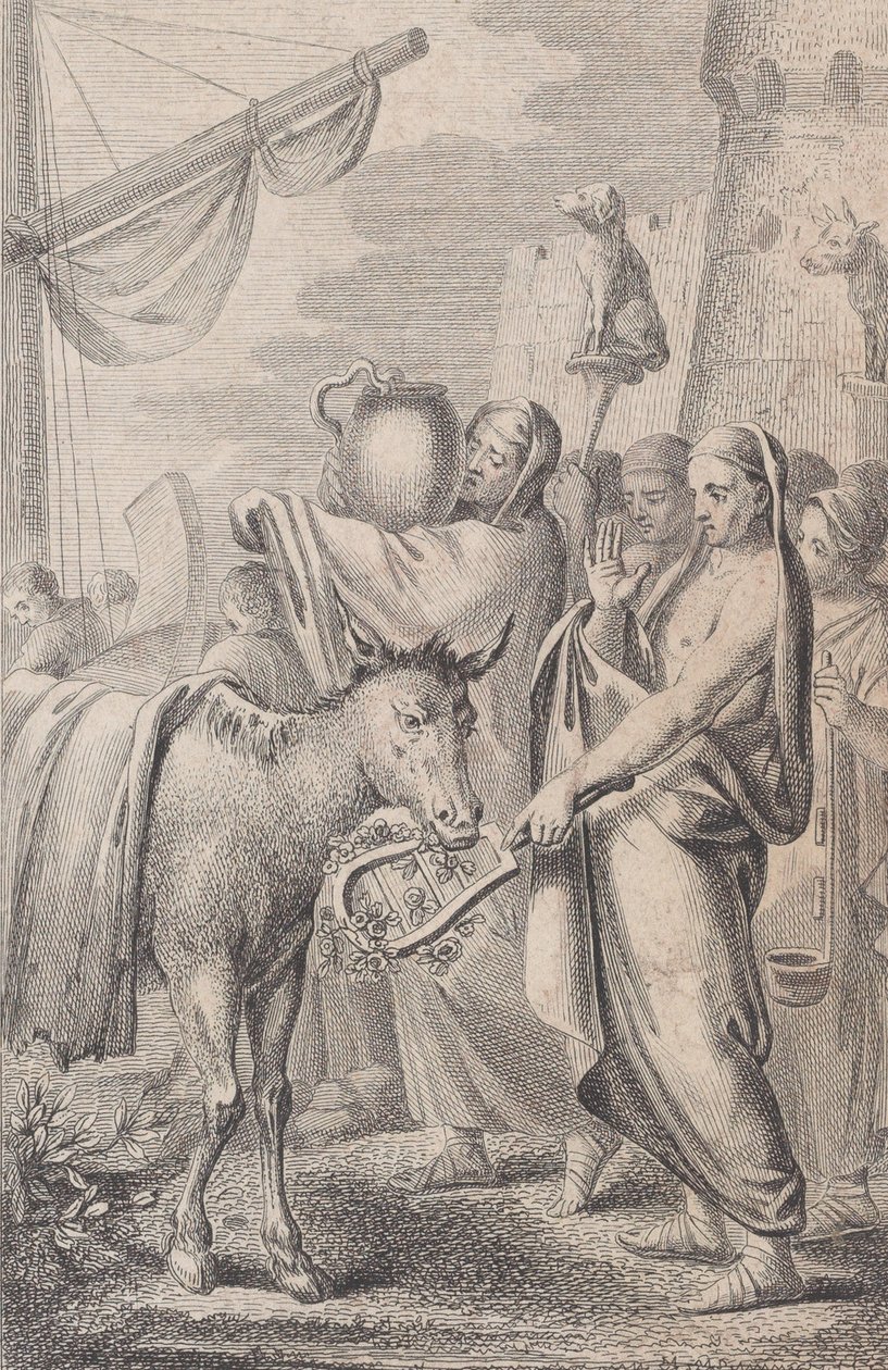 右边的人物靠近一艘船，一些人把动物举过头顶，左边是一匹马，1783年 作者 丹尼尔·伯格