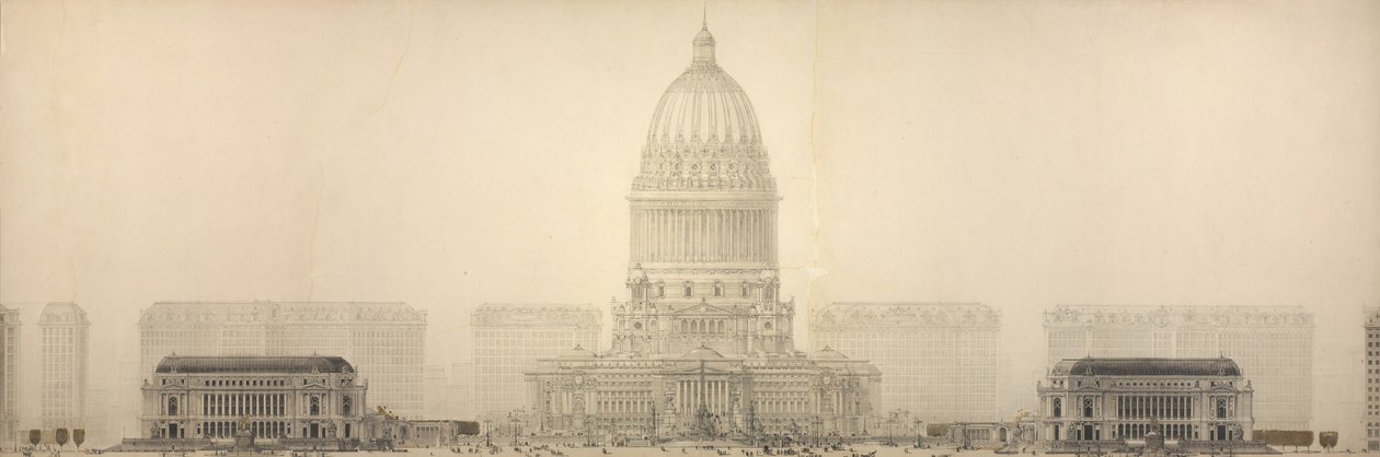 板块131来自《芝加哥规划》，1909年：芝加哥。显示建筑群的立面图... 作者 丹尼尔伯纳姆