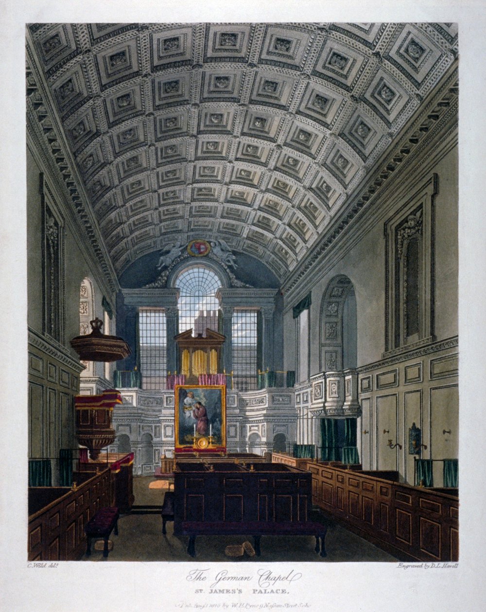 伦敦威斯敏斯特圣詹姆斯宫皇家礼拜堂内景，1816年 作者 丹尼尔·哈维尔