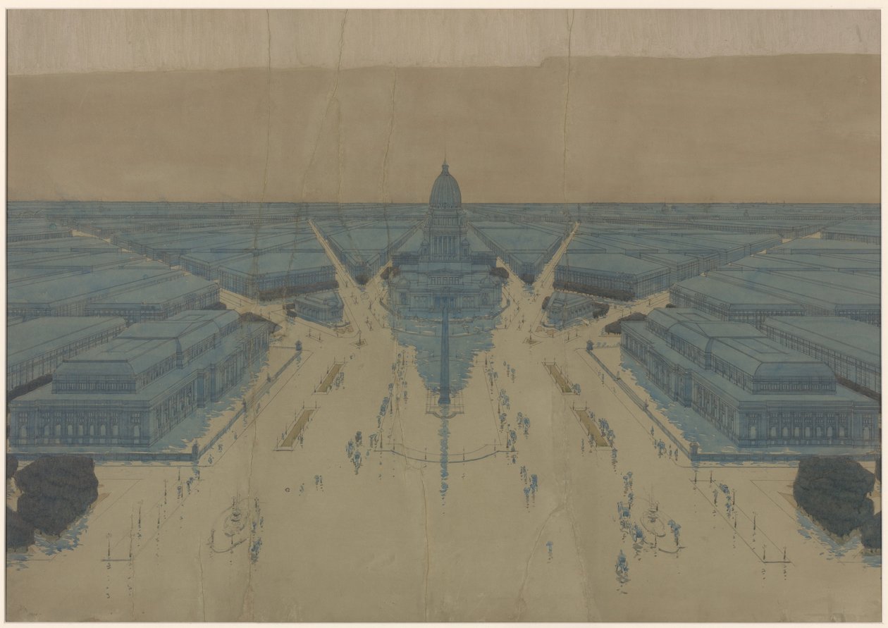 拟议中的市政中心广场和建筑景观，1909 年芝加哥规划图 作者 丹尼尔·哈德森·伯纳姆