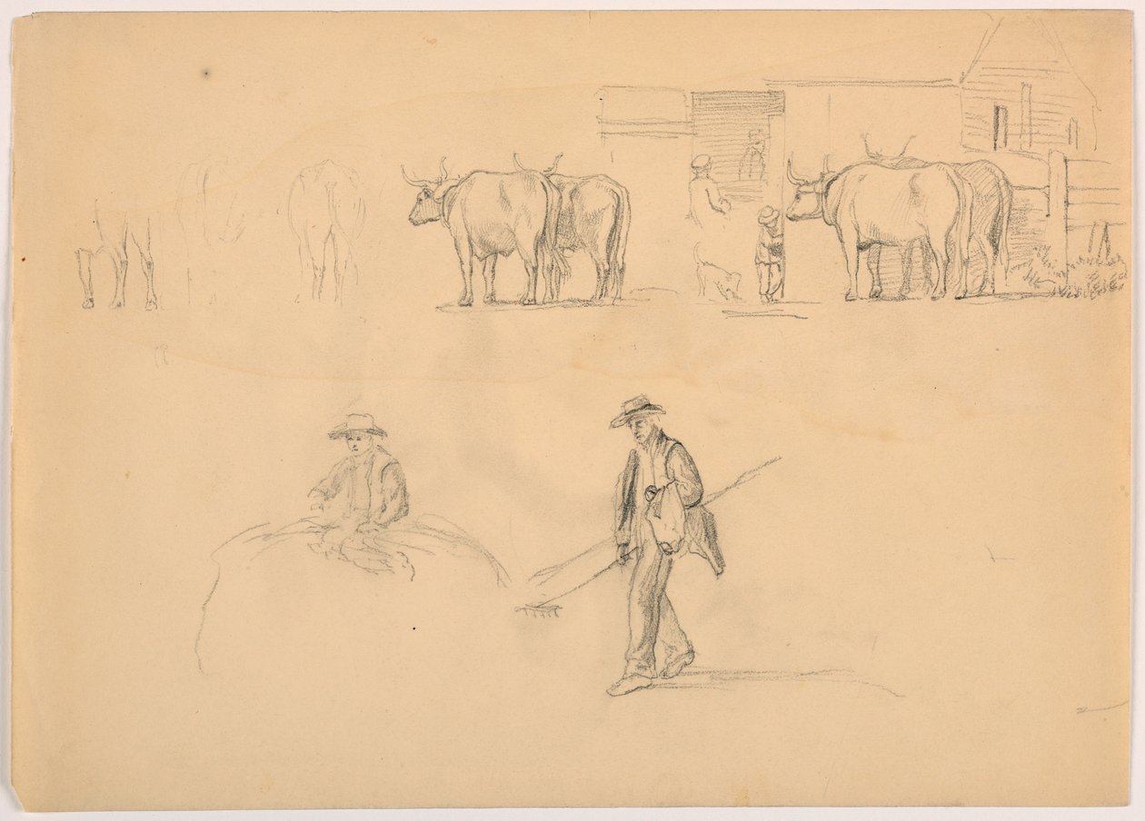 素描，牧场；人物和牛，1878 年 作者 丹尼尔·亨廷顿