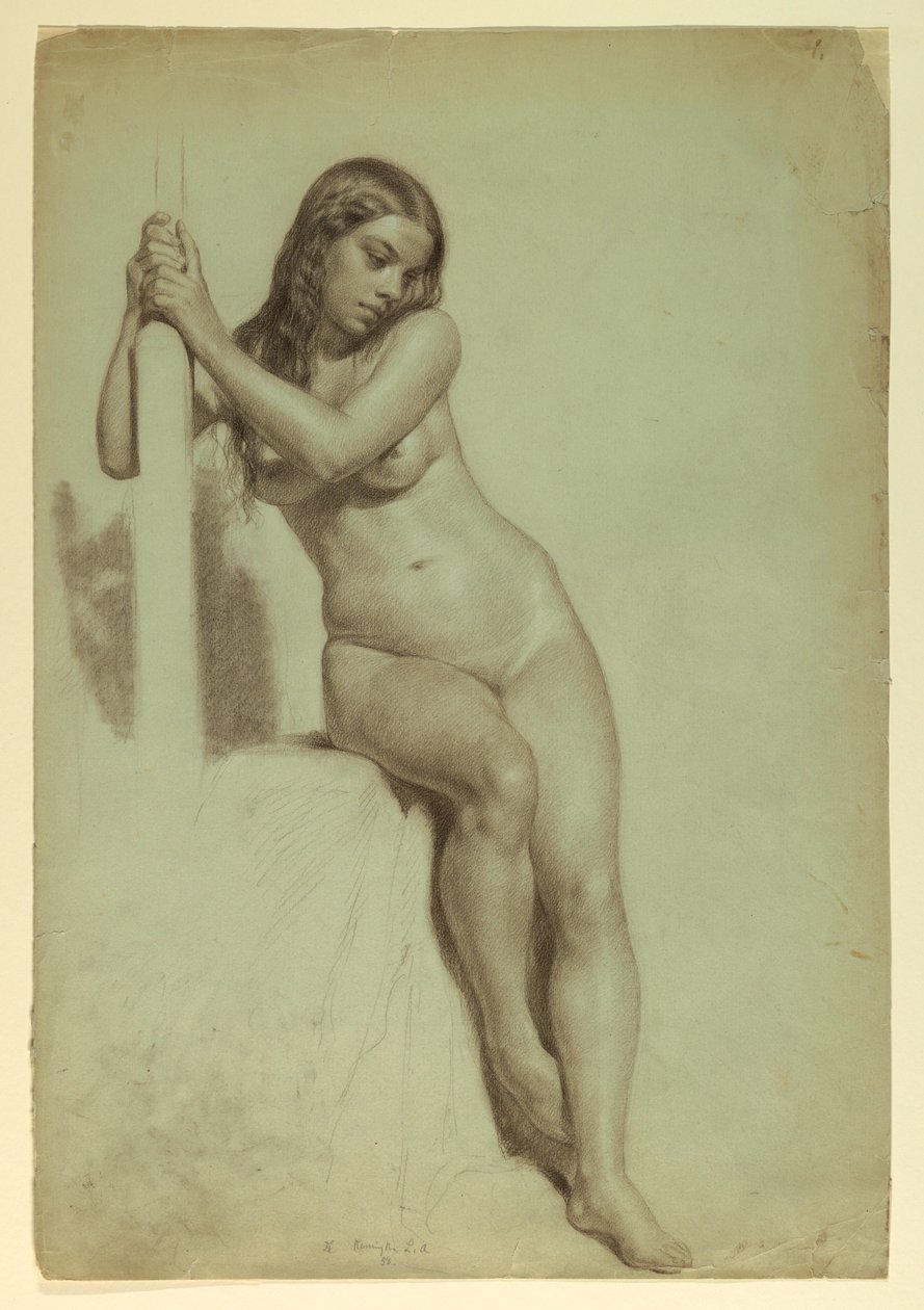 素描，坐在凳子上的女性裸体，1858 年 作者 丹尼尔·亨廷顿