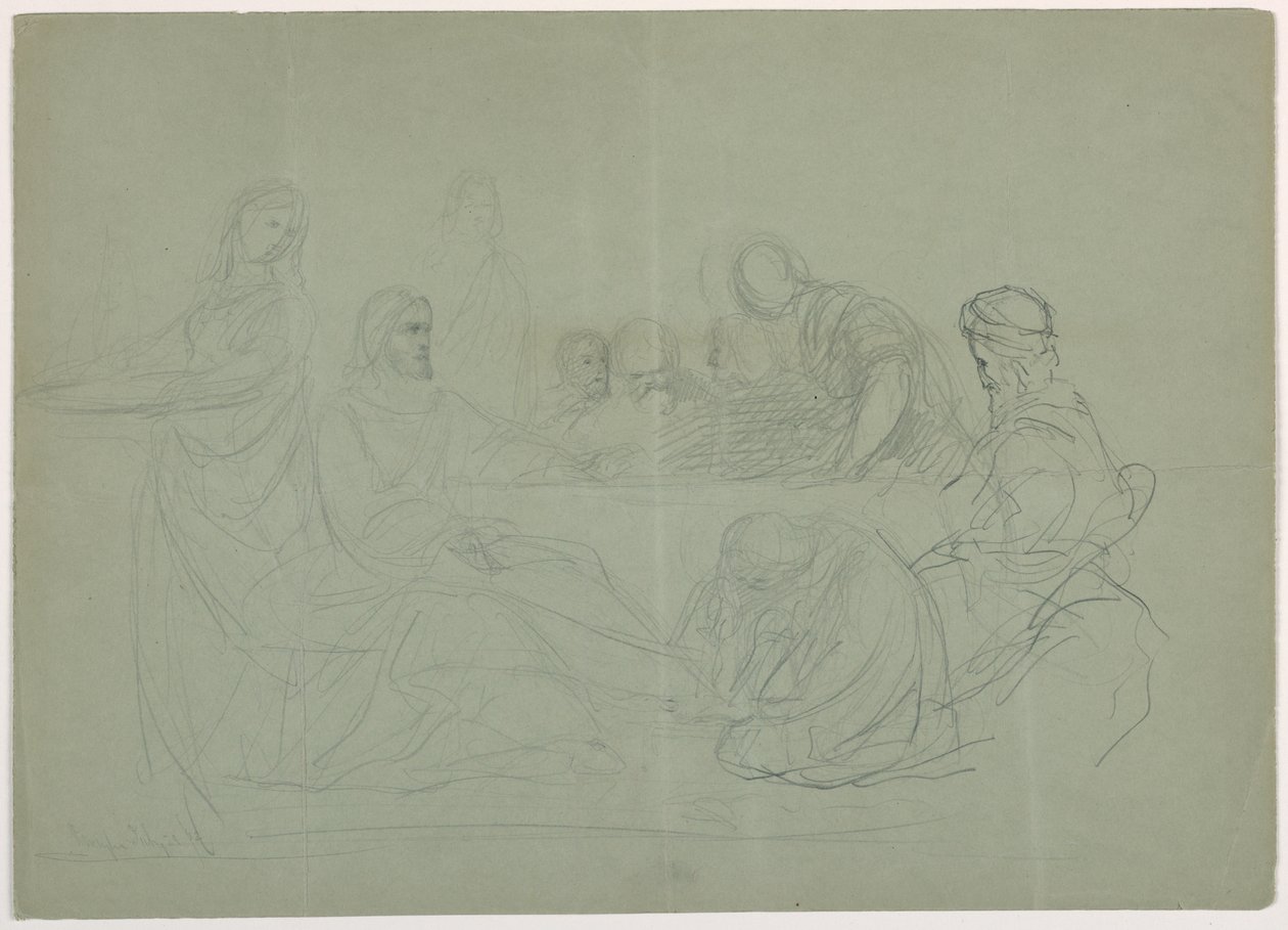 素描，马利亚为基督洗脚，桌旁坐着几个人；背面：注释，1852 年 作者 丹尼尔·亨廷顿