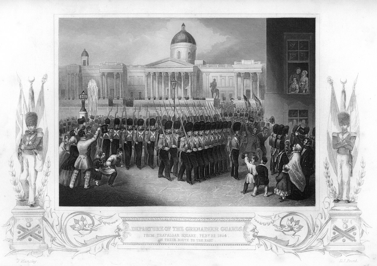 1854年，伦敦特拉法加广场（Trafalgar Square）的手榴弹卫队（Grenadier Guards）出发。 作者 丹尼尔·约翰·庞德