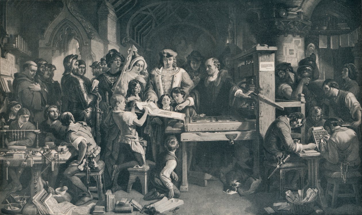 卡克斯顿（Caxton）向爱德华四世国王（King Edward Edward）展示他的印刷的第一个标本，c1858，1911年 作者 丹尼尔·麦克利斯