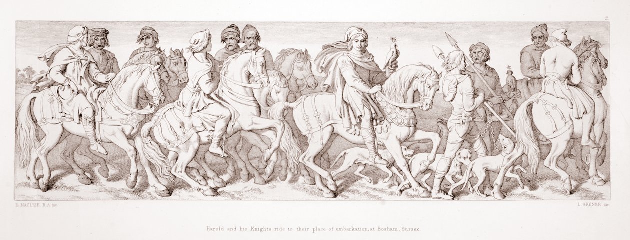 哈罗德和他的骑士从1866年由L. Gruner雕刻的“诺曼征服的故事”前往他们在苏塞克斯郡博萨姆的登船地点。 作者 丹尼尔·麦克利斯