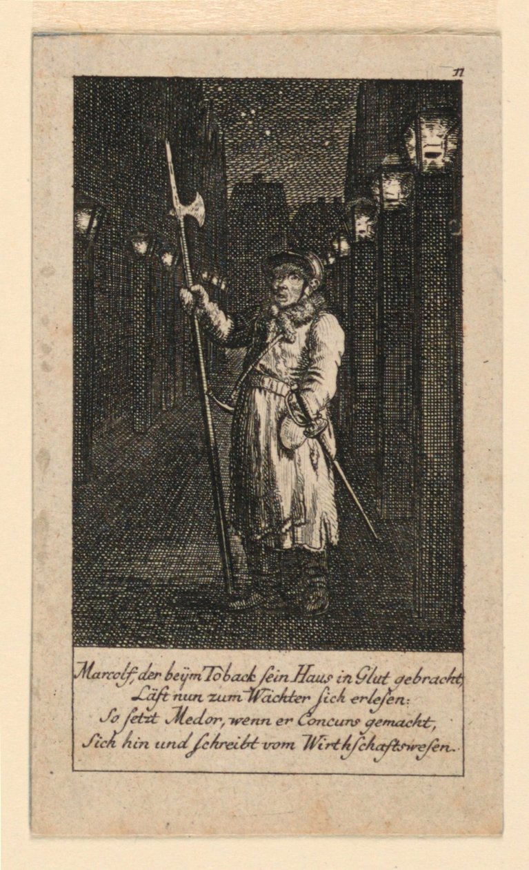 守夜人，"Königl: Grosbrit [anische] Genealogischer Kalender auf das 1780 Jahr Lauenberg bey J.G. Berenberg "的图解。 作者 丹尼尔·尼古拉斯·肖多维奇