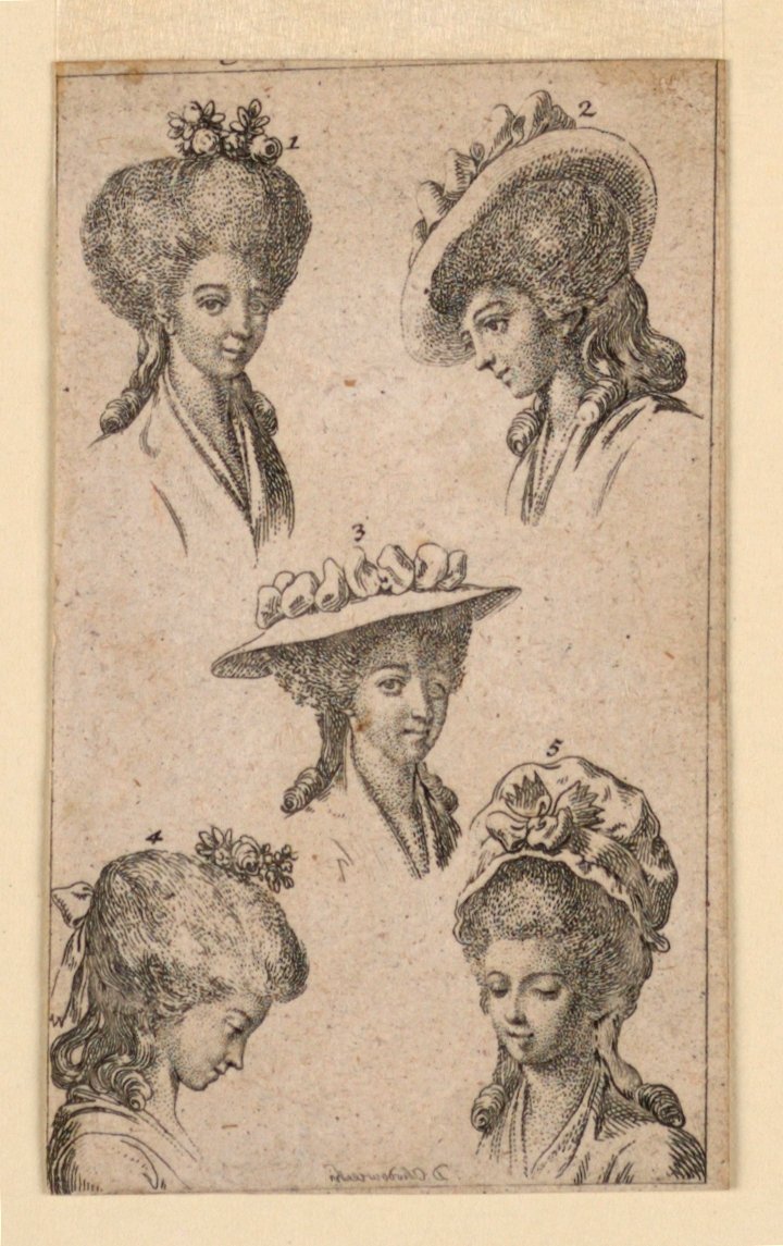 柏林妇女佩戴的五个头饰，"Königl: Grosbrit [anische] Genealogischer Kalender auf das 1783 Jahr Lauenberg bey J.G. Berenberg "插图。 作者 丹尼尔·尼古拉斯·肖多维奇
