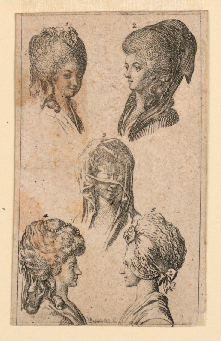 柏林妇女佩戴的五个头饰，"Königl: Grosbrit [anische] Genealogischer Kalender auf das 1782 Jahr Lauenberg bey J.G. Berenberg "插图。 作者 丹尼尔·尼古拉斯·肖多维奇